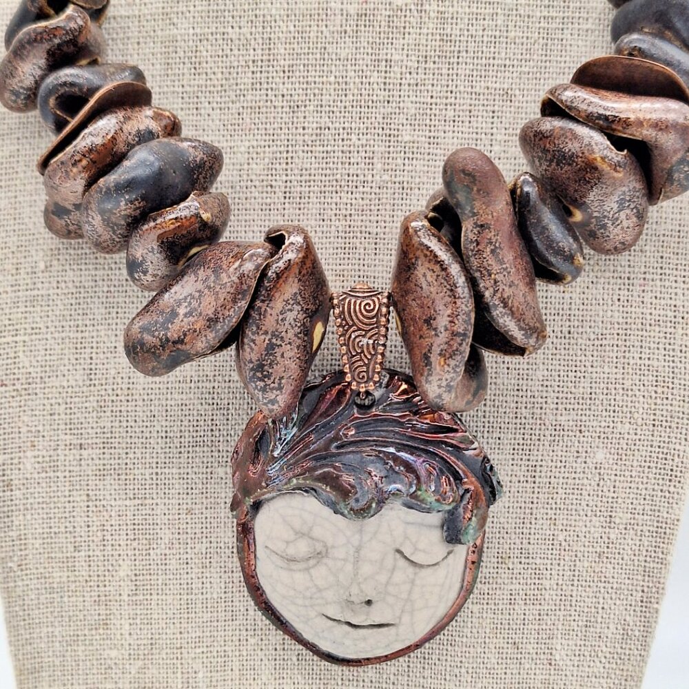 Marcia Merrins Signed Raku Face Bronze Pendant Whimsical Necklace Wearable Art - Picture 3 of 14